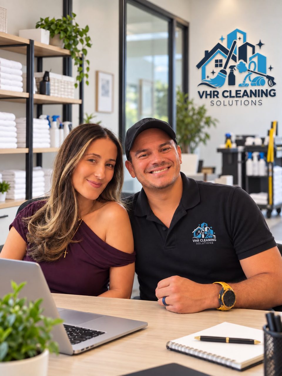 Omar and Carolina, owners of VHR Cleaning Solutions, smiling at their desk