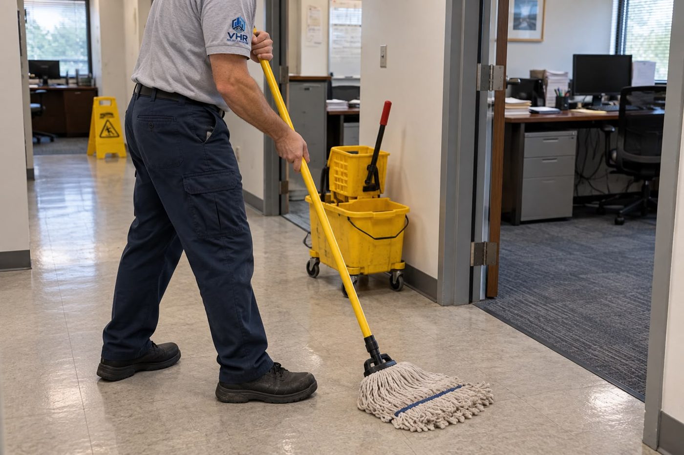 A VHR team member mopping an office hallway