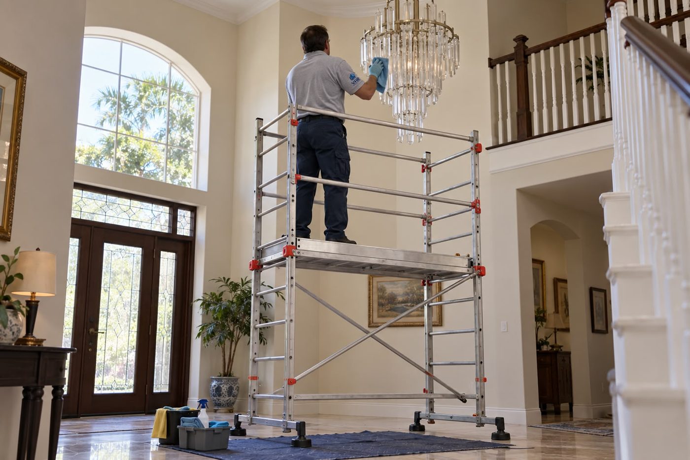 A VHR team member cleaning a chandelier from a scaffold