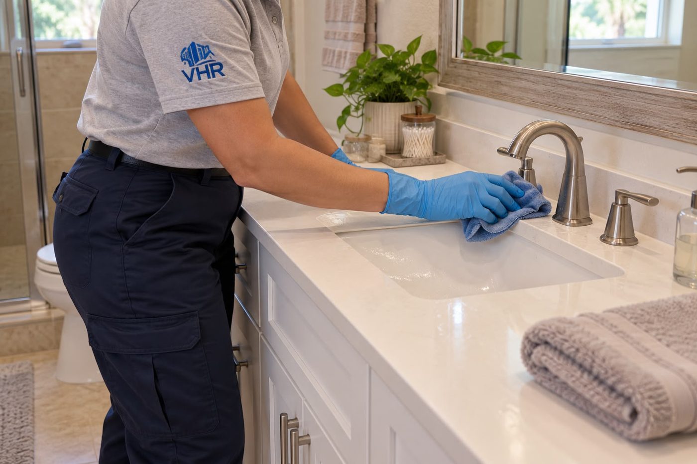 A VHR team member cleaning a bathroom vanity